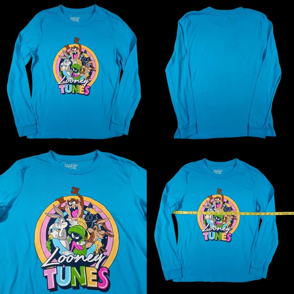Looney Tunes Junior Womens Long Blue Bugs Bunny Taz Daffy T-Shirt Shirt Large
